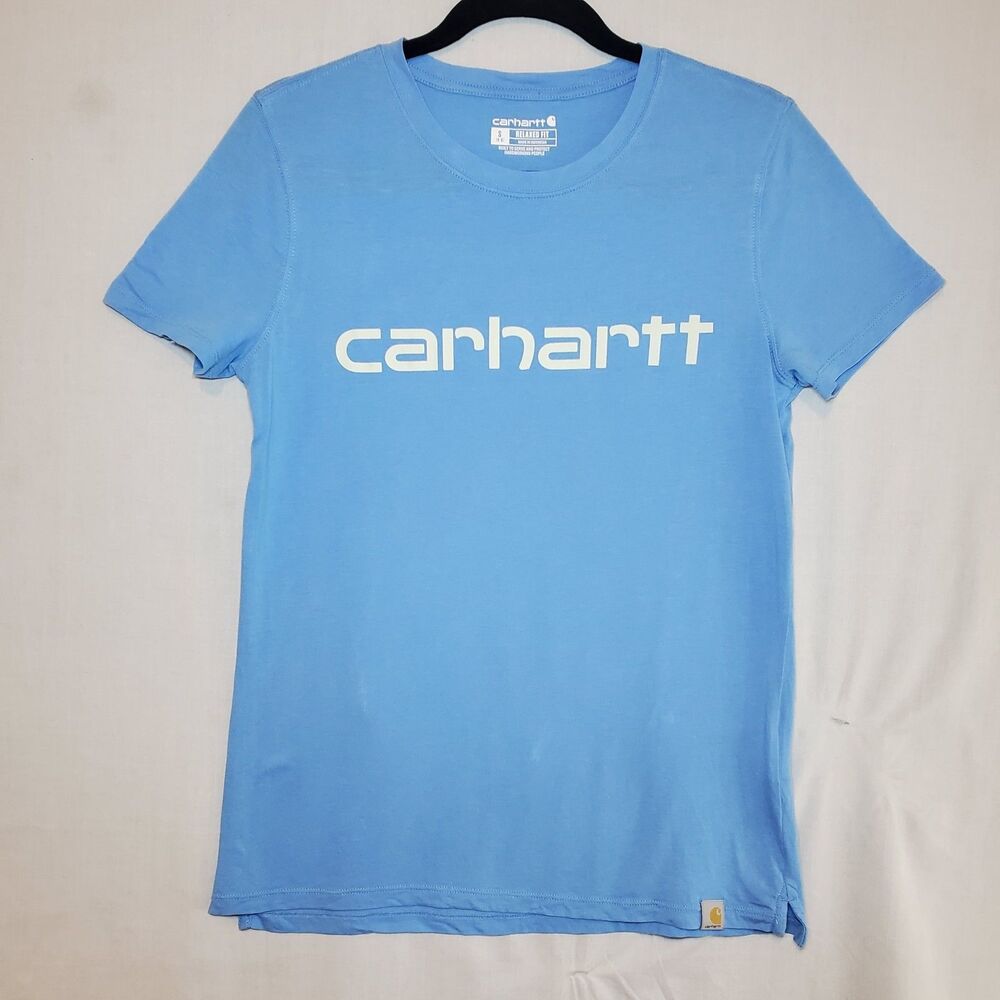 Carhartt Womens Sz Small 4-6 Shirt Relaxed Fit Large Logo T-Shirt Sky Blue